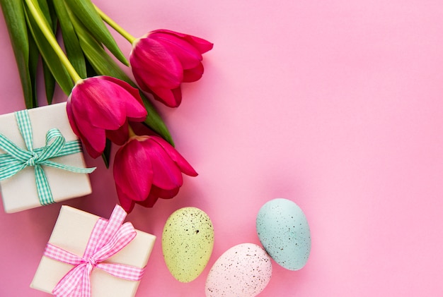 Decorative Easter eggs and tulips