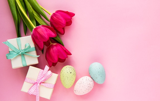 Decorative Easter eggs and tulips