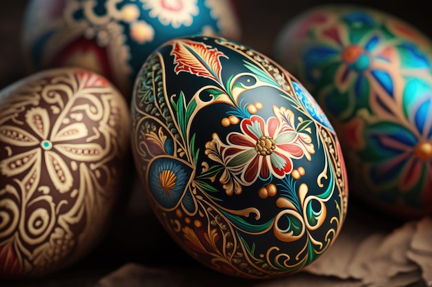 Decorative easter eggs with ornament Generative AI