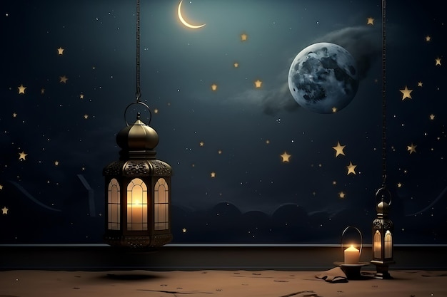 Decorative eid mubarak realistic greeting with moon and lanterns