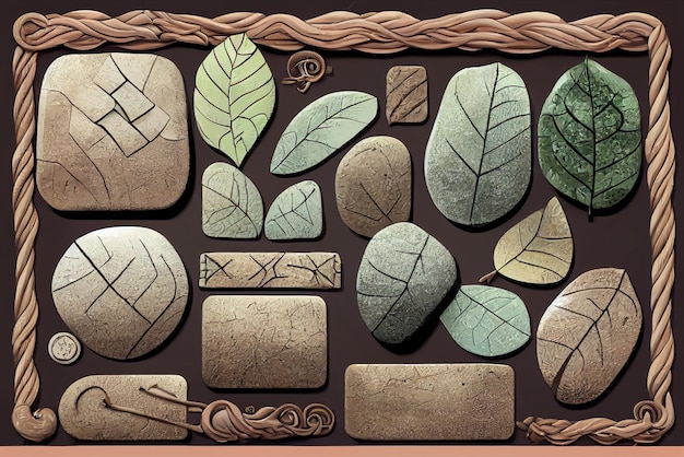 Decorative elements for the game or app leaves, rope on brown background