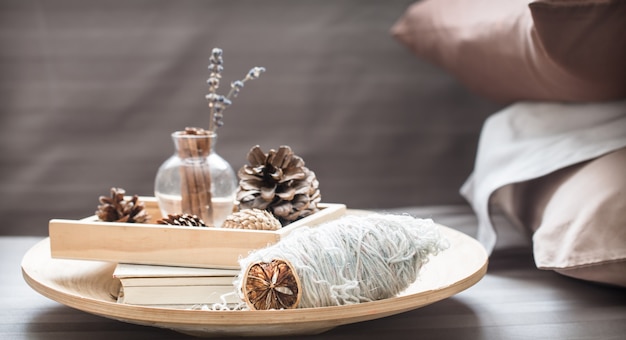 decorative elements on a wooden tray