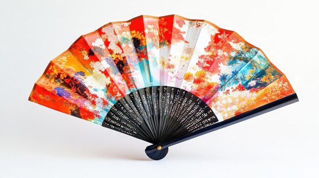 A decorative fan featuring vibrant colors and floral patterns used for cooling and aesthetics