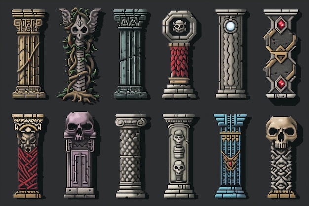 Photo decorative fantasy pillars featuring intricate designs and skull motifs in a dark themed setting