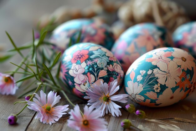 Decorative floral easter eggs and spring flowers