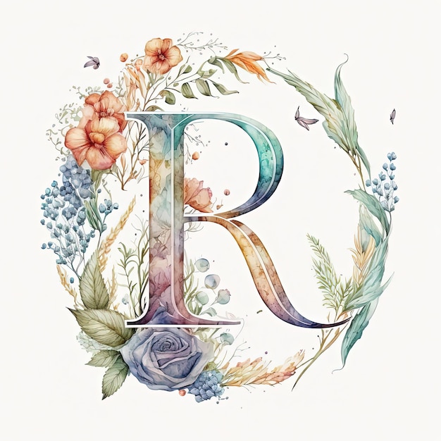 Decorative floral monogram font R for your botanical design generative ai