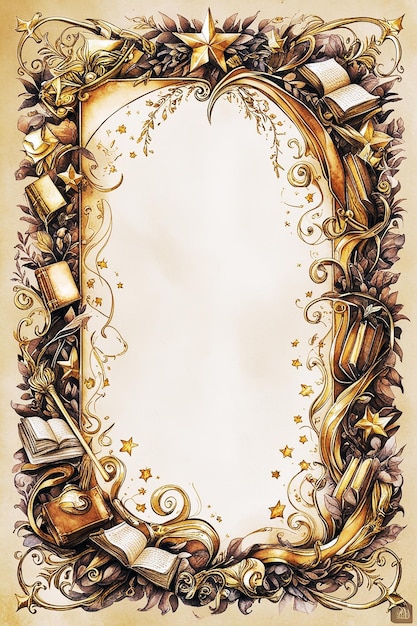 A decorative frame encases a book wand and magical artifacts