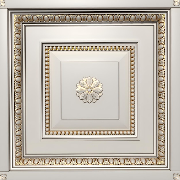 A decorative frame with gold and white designs and a flower design.