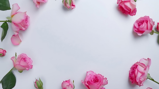 Decorative frame with pink bright roses on white background Flat lay Generative AI