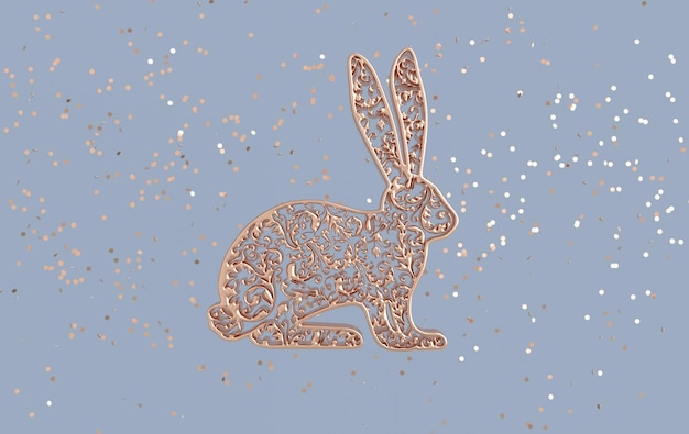 Decorative gold rabbit Easter bunny hare with floral spring pattern confetty Happy Easter background