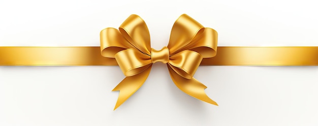 Decorative golden bow isolated on white background Shiny gold satin ribbon Wrapping element