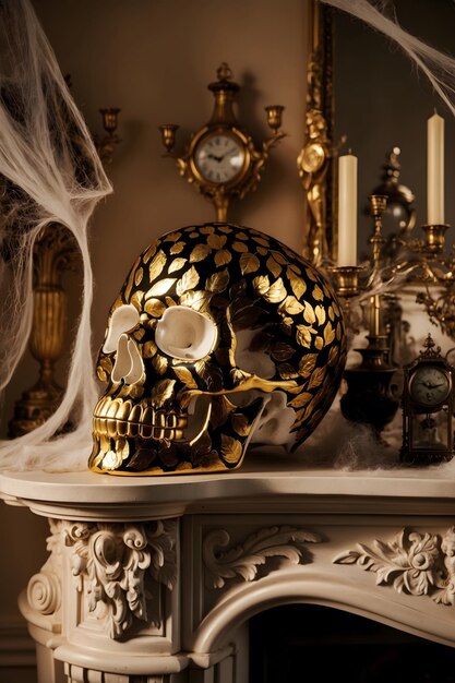 Photo decorative golden skull with intricate leaf patterns placed on an ornate mantelpiece adorned with ca