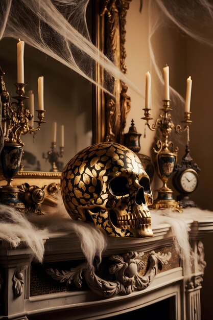 Photo decorative golden skull with intricate patterns on a vintage mantelpiece adorned with candles