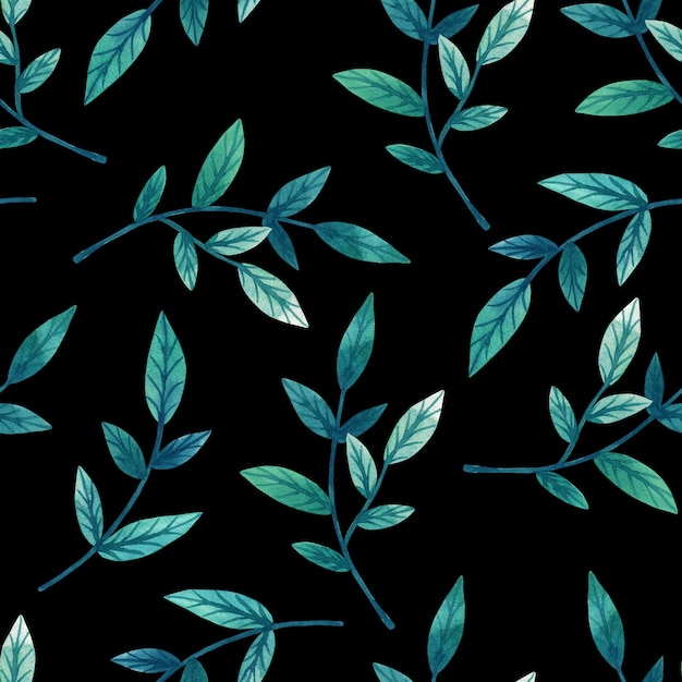 Decorative green leaves on branch on black wall. Seamless pattern. Hand drawn watercolor illustration.