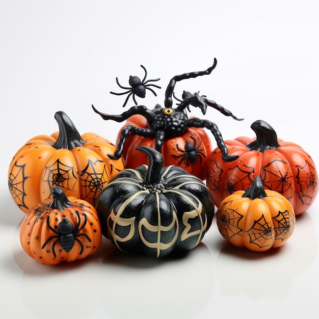 decorative Halloween pumpkins and spiders on white background