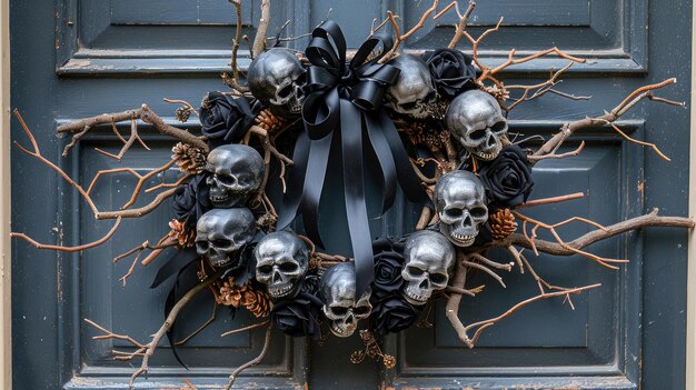 Photo decorative halloween wreath with skulls and black roses on a dark wooden door