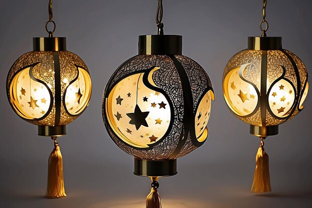 Decorative hanging lamp light lantern gold stars on ribbon and golden crescent moon