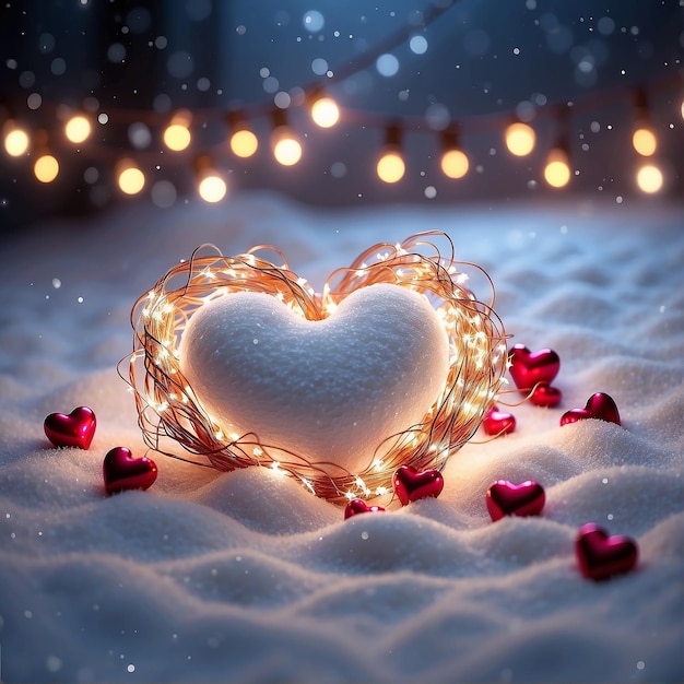 Decorative hearts and sparkling garland on snow for Valentines Day