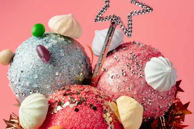 Decorative ice cream balls decorated for christmas on studio background