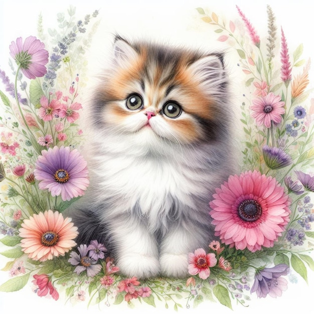 Decorative kitten on flowers background