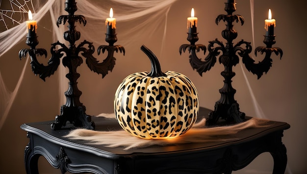 Photo decorative leopard print pumpkin illuminated by candlelight on an ornate table for a halloween celeb