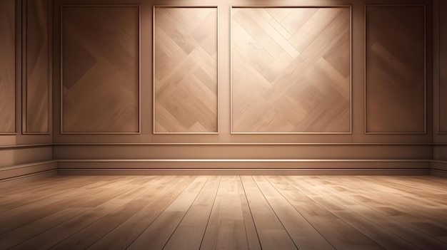 Decorative Light Brown Wall and Wooden Floor with Reflections Presentation Background