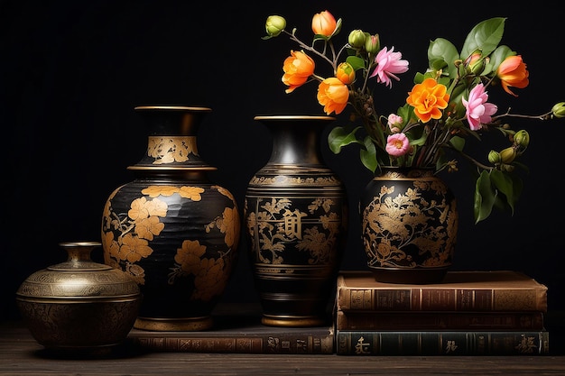 Decorative objects old books and vases over black wall japanese style