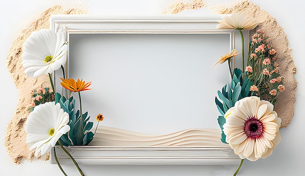 Decorative photo frame of flowers and sand on a white background generative ai