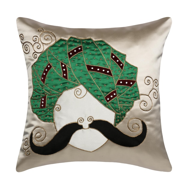 A decorative pillow with a mustache and a mustache on it.