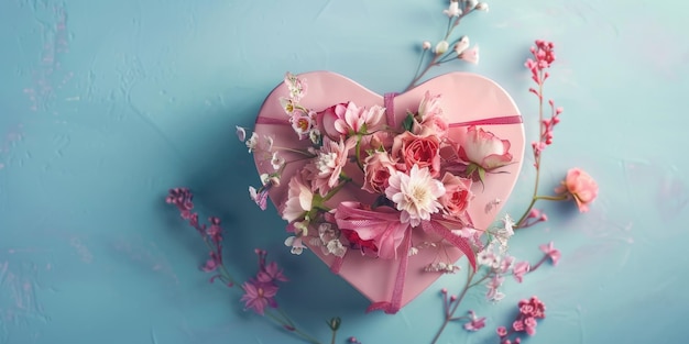 A decorative pink heartshaped box filled with flowers on a bright blue background