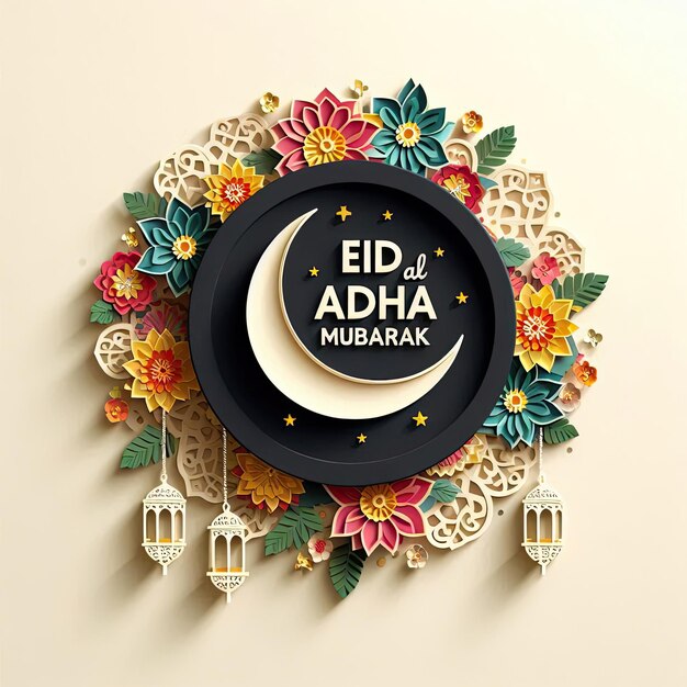 a decorative plate with a black background with a design of a mosque Eid al adha mubarak