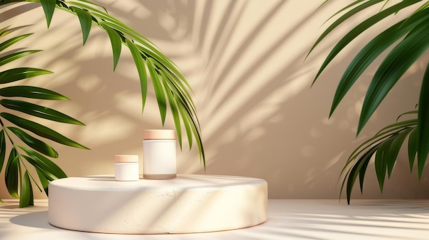 Decorative podium backdrop for cosmetic product display with tropical palm leaves 3D render