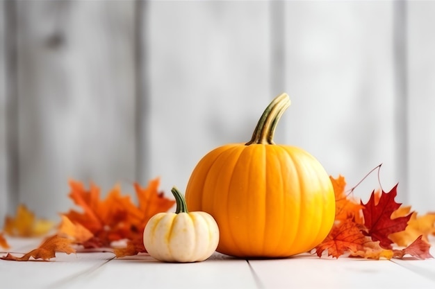 Decorative pumpkin background and dry autumn leaves on wooden arrangement indoors Halloween concept