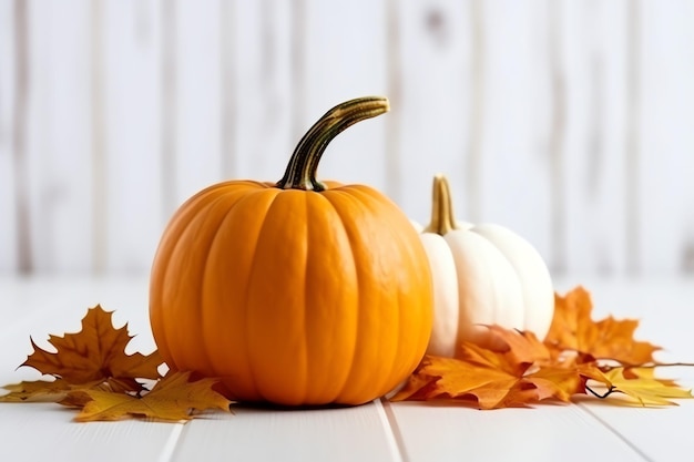 Decorative pumpkin background and dry autumn leaves on wooden arrangement indoors Halloween concept