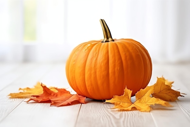 Decorative pumpkin background and dry autumn leaves on wooden arrangement indoors Halloween concept