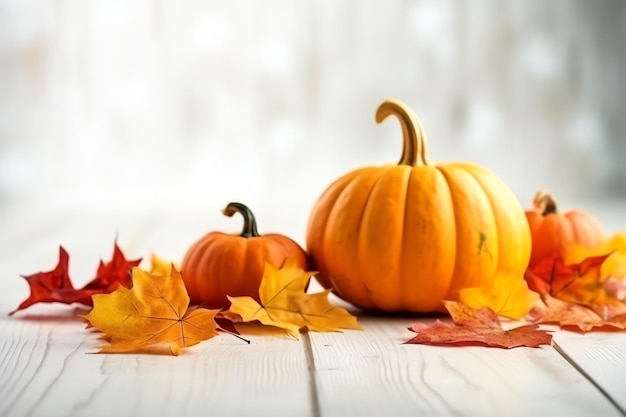 Decorative pumpkin background and dry autumn leaves on wooden arrangement indoors Halloween concept