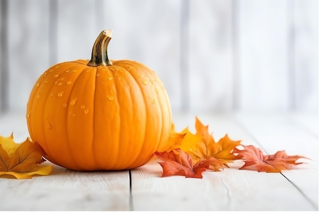 Decorative pumpkin background and dry autumn leaves on wooden arrangement indoors Halloween concept