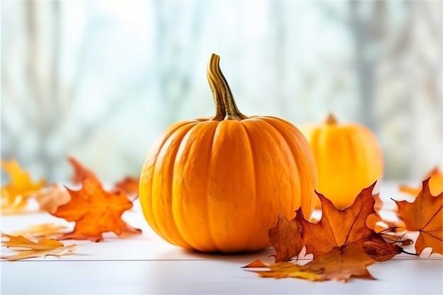 Decorative pumpkin background and dry autumn leaves on wooden arrangement indoors Halloween concept