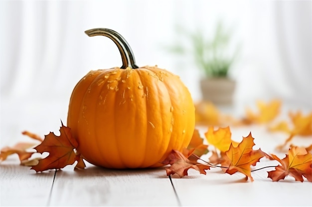 Decorative pumpkin background and dry autumn leaves on wooden arrangement indoors Halloween concept