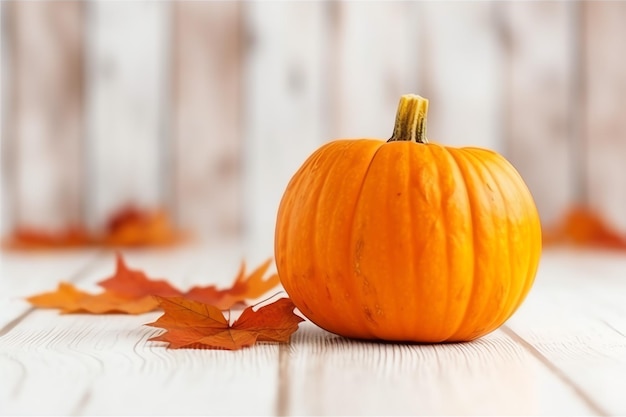 Decorative pumpkin background and dry autumn leaves on wooden arrangement indoors Halloween concept