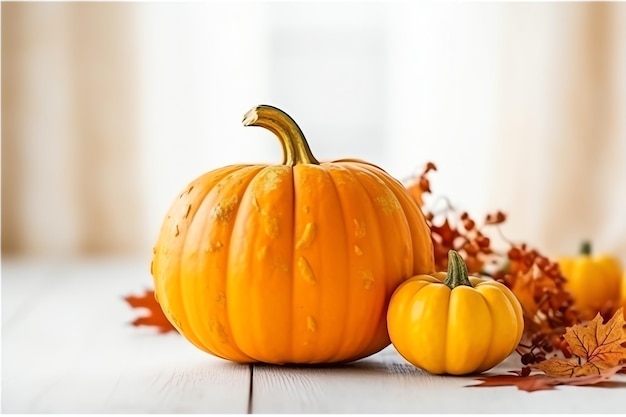 Decorative pumpkin background and dry autumn leaves on wooden arrangement indoors Halloween concept