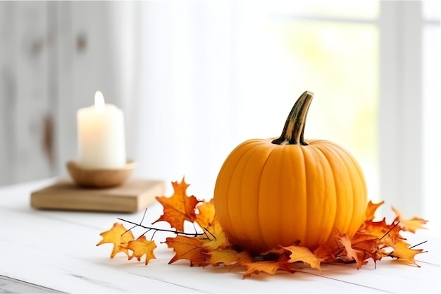 Decorative pumpkin background and dry autumn leaves on wooden arrangement indoors Halloween concept