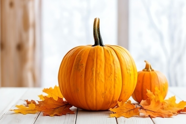 Decorative pumpkin background and dry autumn leaves on wooden arrangement indoors Halloween concept