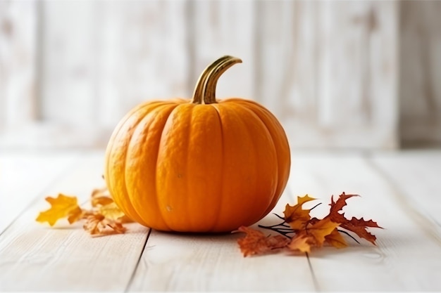 Decorative pumpkin background and dry autumn leaves on wooden arrangement indoors Halloween concept