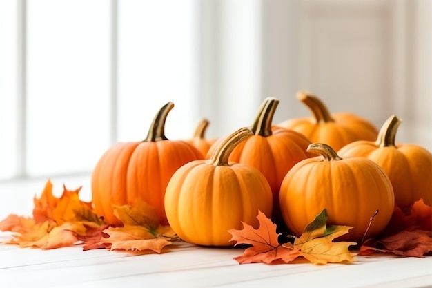 Decorative pumpkin background and dry autumn leaves on wooden arrangement indoors Halloween concept