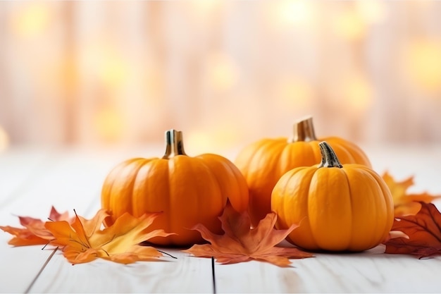 Decorative pumpkin background and dry autumn leaves on wooden arrangement indoors Halloween concept