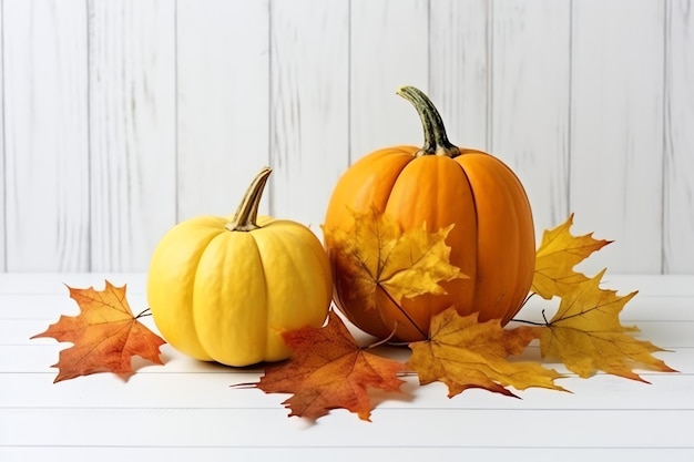 Decorative pumpkin background and dry autumn leaves on wooden arrangement indoors Halloween concept