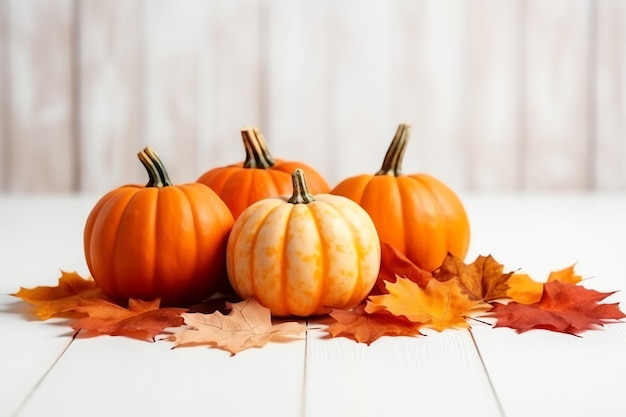 Decorative pumpkin background and dry autumn leaves on wooden arrangement indoors Halloween concept