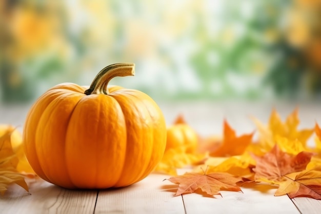 Decorative pumpkin background and dry autumn leaves on wooden arrangement indoors Halloween concept