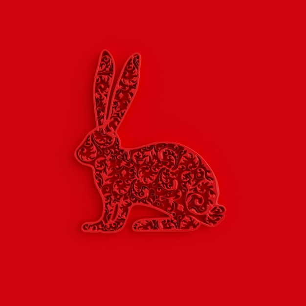 Decorative red rabbit Easter bunny hare withbfloral spring pattern Happy Easter background